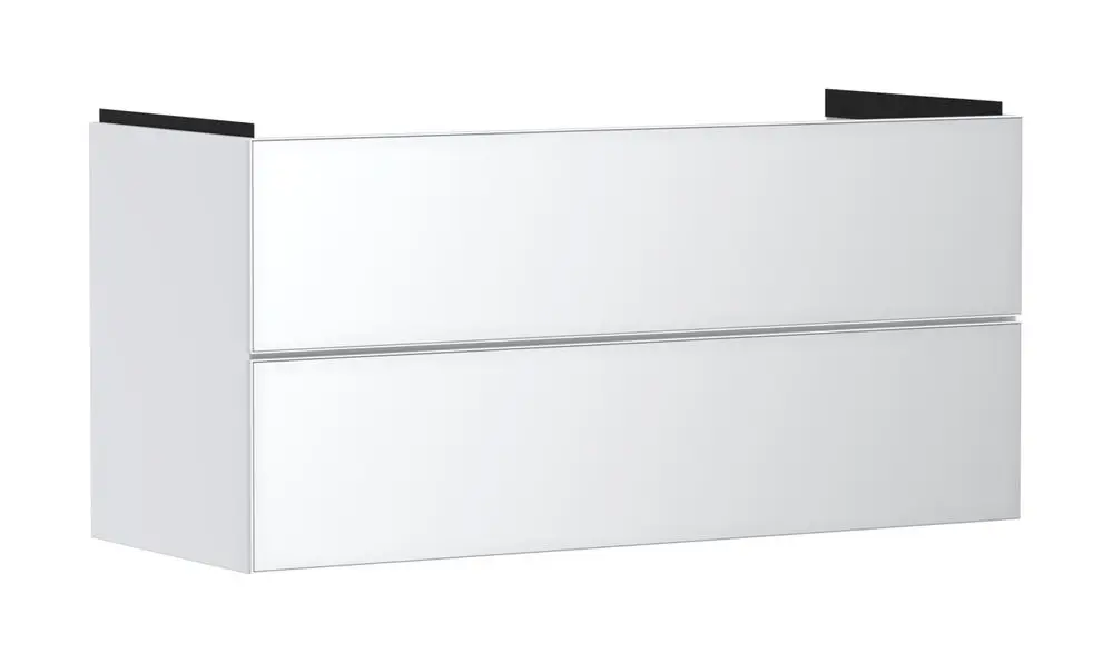 Weißer Waschtischunterschrank mit zwei Schubkästen. Die Oberfläche ist glatt, ergänzt durch eine schwarze Blende oben. Produkt von Hansgrohe.